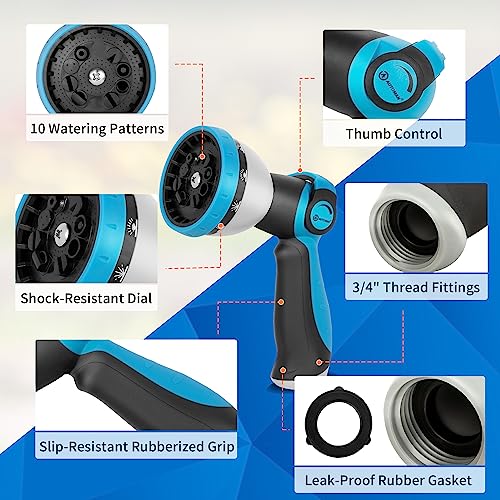 AUTOMAN Garden Hose Nozzle - 10 Adjustable Spray Patterns, Thumb Flow Control Hose Sprayer, Water Hose Spray Nozzle for Plants Watering, Car Washing, Window Cleaning, Pets Bathing, Outdoor Fun, Blue - color: Blue