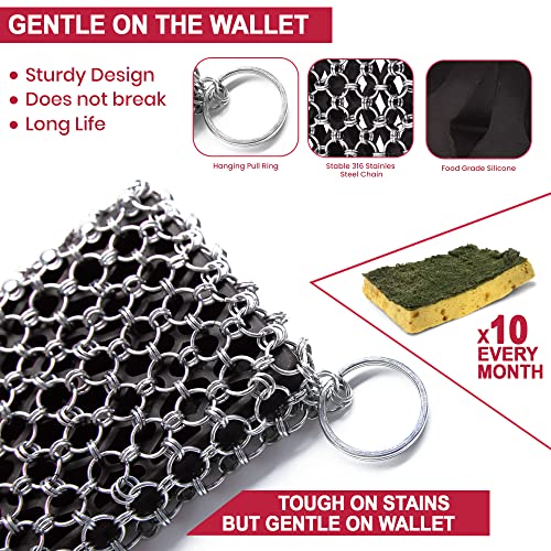 316L Cast Iron Scrubber Kit with Scraper Tool - Silicone Insert for Pan | Zylark Pan Cleaner Scrubber with Silicone Insert - Cast Iron Cleaning Kit - Chainmail Scrubber for Cookware - style: Black CIS with Scraper