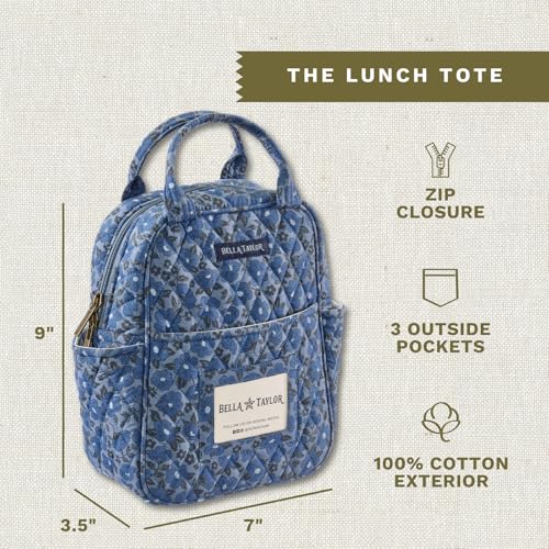 Bella Taylor Lunch Tote, Quilted Lunch Bag, Navy Floral | Lightweight quilted cotton lunch box, easy-to-clean PEVA lining, 3 outside/1 inside pocket, durable construction - color: Navy Floral