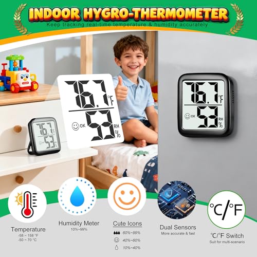 Antonki 2 Pack Room Thermometer Indoor Hygrometer | Monitor Temperature & Humidity, Accurate, Fast Read, Easy To View, Magnetic/Kickstand/Hanging, ℉/℃, w/ Battery, Compact - color: 2 Pcs * Classic Black ( 97%+ Choice )