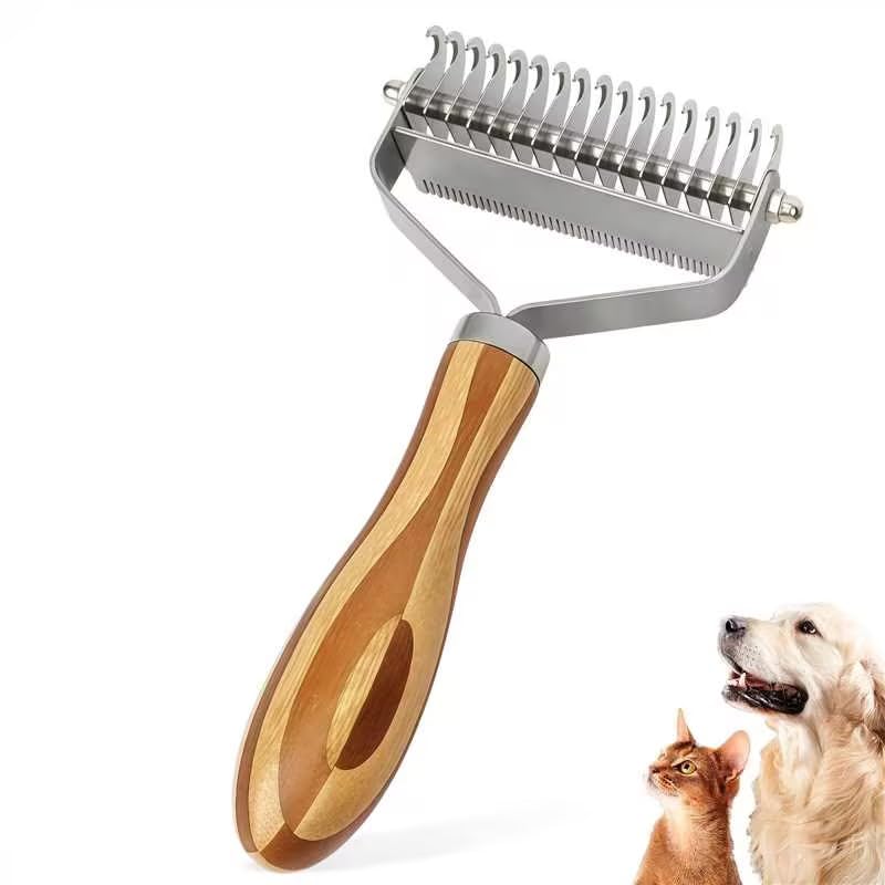 2-in-1 Pet Dematting&Deshedding Undercoat Rake with Bamboo Handle | Double-Sided Dematting Comb,Deshedding Dog Brush,Pet Grooming Tool for Long-Haired Dogs&Cats,Remove Loose Hair Tangles
