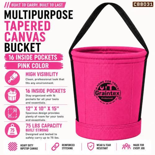 Graintex Tapered Canvas Bucket 12"x10"x15", Utility Tool Bucket 16 Inside Pockets, Reinforced Base & Carry Handle, Ripstop Canvas, Multi-Purpose Bag for Jobsite & Home Use for Tool Storage Solutions - color: Pink