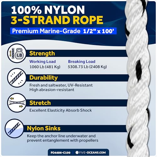 Five Oceans Anchor Line 1/2" x 100', Anchor Rope Line, Marine Premium 3-Strand White Nylon Boat Anchor Rope - Stainless Steel Thimble and Shackle, Ideal for Mooring Anchoring Towing - FO4486-C100 - style: 1/2 inch x 100 ft