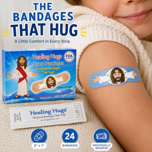 Healing Hugs Jesus Bandages - Premium Adhesive Hugging Jesus from Hug-a-BooBoo, The Jesus Bandages that Hug! 24 Count Box - size: 24ct, style: Healing Hugs Jesus