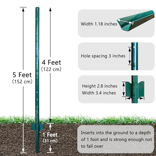 Fence Posts 5 Feet, Pack of 10, Metal Fence Poles U Post | Sturdy Duty Fence Stakes Step in Post No Dig Fence Post for Garden Wire Fence Steel Sign Post (Fits to 4-ft Fence Mesh) - size: 5 Feet