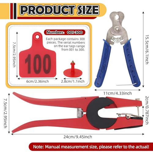 Cattle Ear Tags 001-300, 300Pcs Plastic Livestock Ear Tag for Cows Goats Sheep Pigs with Pliers Applicator & 2 Pins, Animal ID Tags for Ranch Farm Herd Tracking, Laser Print (001-300, Red) - color: Red