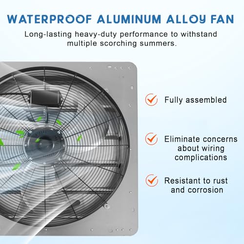 24" Wall Mounted Shutter Exhaust Fan, 3500 CFM High-Speed Ventilation, 1500 RPM Low-Noise, Aluminum Blades & Automatic Shutter for Attic, Garage, Greenhouse, Workshop & Louvered Vent Applications
