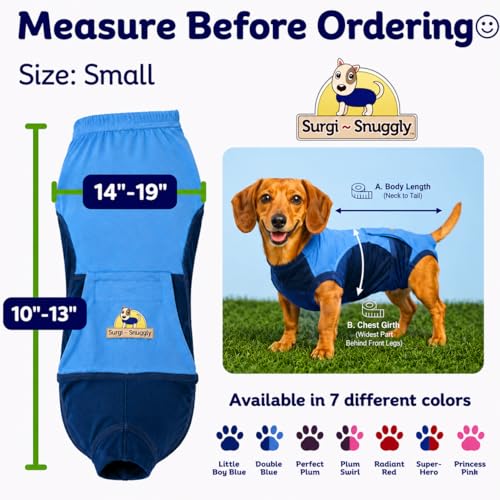 Surgi Snuggly Dog Surgery Recovery Suit, Cone Alternative, Spay/Neuter S | Dog Recovery Suit for Dogs — Veterinarian-Invented Surgical Suit & Recovery Onesie with Easy Bathroom Access After Surgery - color: Double Blue, size: Small (L-10"-13" | G-14"-19"