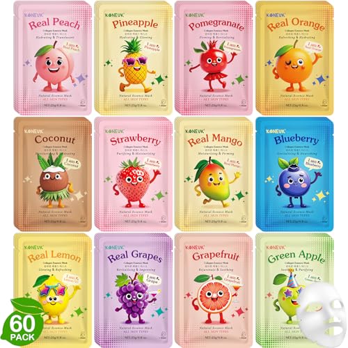 60 Pack Fruit Theme Face Mask for Kids, Bulk Birthday Gifts for Girls | Sheet Hydrating Face Masks Skincare for Teens Women, Skin Care for Kids, Spa Party Supplies