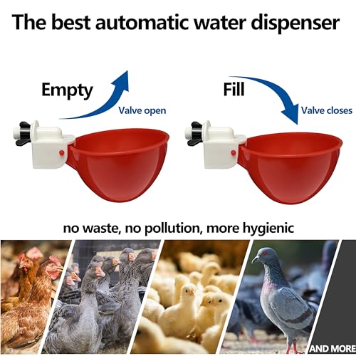 8pack Large Poultry Waterer, Professional Chicken Water Cups for Poultry LANARP Float Style Gravity Chicken Watering System, Tee Fittings Poultry Waterer Suitable, with Mounting Hole Opener (8)