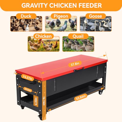 120 LB Large Chicken Feeder No-Waste, Heavy Duty Galvanized Metal Poultry Feeder with 360 Swivel Wheels, Rainproof Automatic Gravity Trough for Outside Coop, Chickens, Ducks, Geese