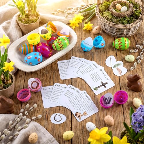 MiniInflat 12 Pcs Resurrection Easter Story Eggs with Matching Religious Easter Story Cards Holy Week Cards Christian Empty Eggs for Basket Stuffers Christian Decor (Novelty)