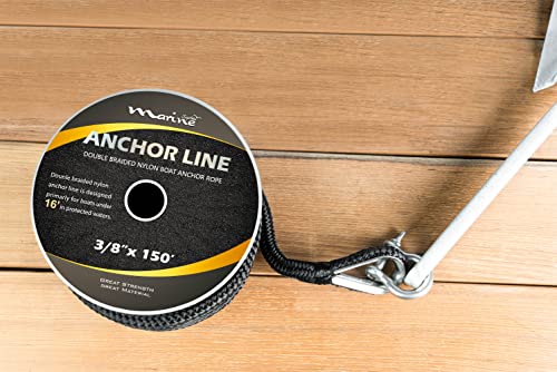 MARINE SYSTEM Made 3/8 Inch 100 FT 150 FT Black Grey Nylon Anchor Line Double Braided Anchor Rope/Line with Thimble (3/8" x 100' Black Nylon) - color: 3/8"x100' Black