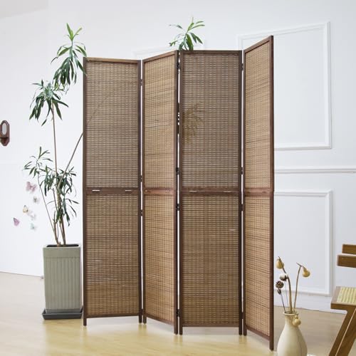 4 Panel Detachable Room Divider, 5.6 ft Tall Two in One Bamboo Privacy Screen (Converts into 2 Low Dividers), Folding Panel Divider for Room Separation, Natural Brown (67" H x 61.4" W) - color: Brown, size: 4 Panel