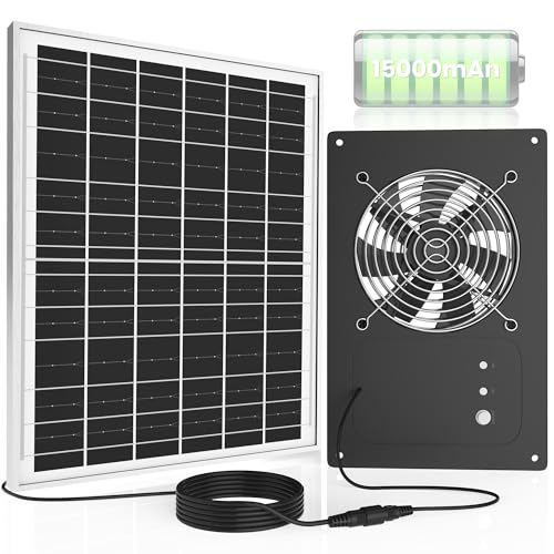 Solar Powered Fan with 15000mAh Battery & Timer for Chicken Coop | Small Solar Exhaust Fan, 25W Quiet, Waterproof, High Airflow for Outdoor, Greenhouse, Sheds,Pet Houses Ventilation Equipment - size: 11 inches