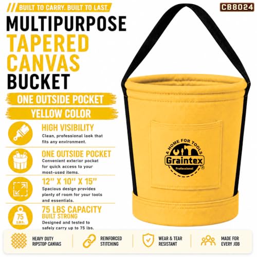 Graintex Tapered Canvas Bucket 12"x10"x15", Utility Tool Bucket One Inside Pocket, Reinforced Base & Carry Handle, Ripstop Canvas - Yellow - color: Yellow