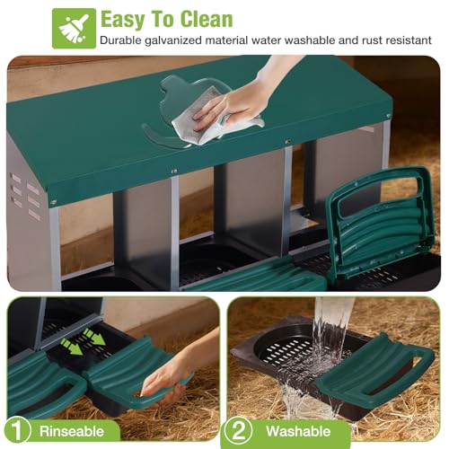 GUTINNEEN Chicken Nesting Box, 3 Compartment Metal Nesting Boxes with Roll-Away Egg System for Hens, Ducks & Rabbits, Technical Design for Efficient Egg Collection, Green - color: Green
