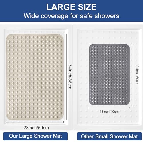 Shower Mat Non Slip: 34" x 23" Large Shower Mats for Inside Shower - Soft TPE Cuttable Anti Slip Shower Stall Mat with Drain Holes and Suction Cups - color: Khaki, size: 34" x 23" (Rectangular)