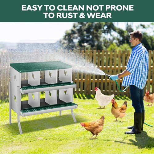 6 Compartment Chicken Nest, Stainless Steel Laying Boxes for Hens with 4 Dummy Eggs and 10 Dampproof Pets Mats, Wall Mounted or Free Standing Chicken Boxes, Roll Out Design, Green, with Stand Style