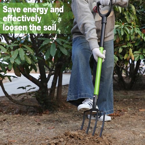 GARDENWORK Garden Fork,45-Inches Pitch Fork with Enhanced&Steel D-Handle | Heavy Duty Gardening Spading Fork with Ergonomic Fiberglass Handle and Metal Tine,45 Inch Spading Fork for Compost, Mulch