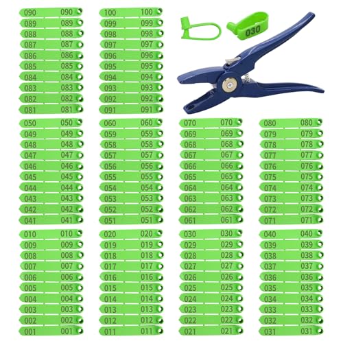 100PCS Livestock Ear Tags Sheep Goat 001-100 Numbered with Applicator Kit | with Punch Plier Tool, Laser Printed Plastic Tags for Goats Sheep Pigs Farm Herd Management Identification (Green) - color: Green