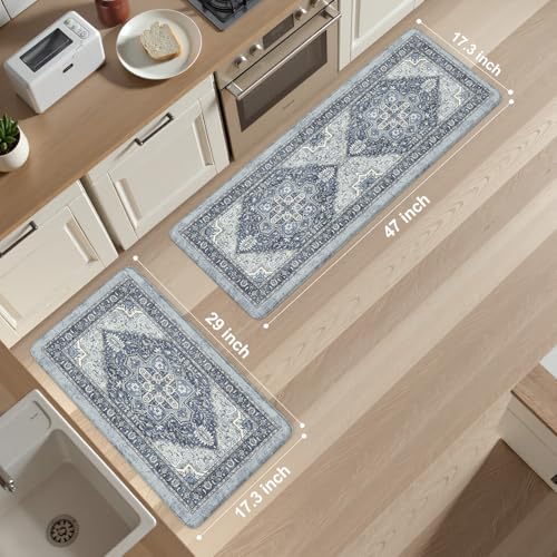 KIMODE Anti Fatigue Kitchen Mat, Cushioned Kitchen Mats for Floor 2 piece | Boho Vintage Kitchen Rugs, Comfort Foam Standing Desk Mat for Laundry, Office, Sink, Apartment Navy Blue 17"x47"+17"x29" - color: Navy Blue, size: 17.3" x 47"+17.3" x 29"--0.47 in