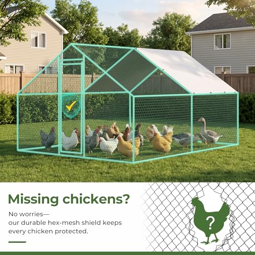 10 x 13 x 6.6 ft Large Chicken Coop, Heavy Duty Galvanized Metal Walk in Chicken Run with Roof Cover and Locking Door, Outdoor Poultry Pen for Chickens Ducks Rabbits - size: 10 x 13 x 6.6 ft