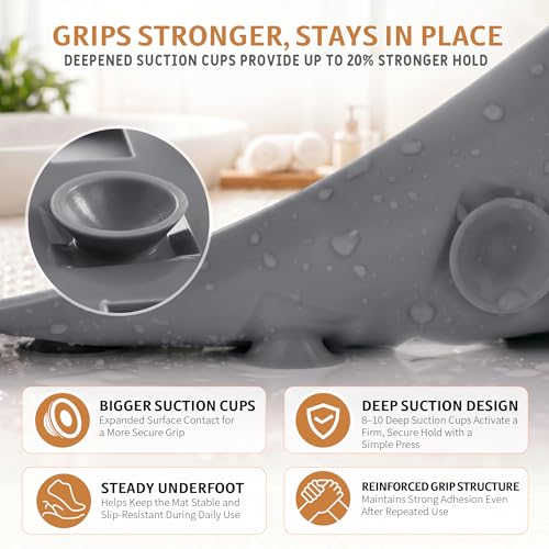 Yimobra Bathtub Mat Non Slip, Super Strong Suction Cups, 28"X16" Long Shower Mat with Drain Holes, Machine Washable Fast Draining Bath Mats, Bathroom Essentials,Gray - color: Gray, size: 27.5 X 15.5 Inch