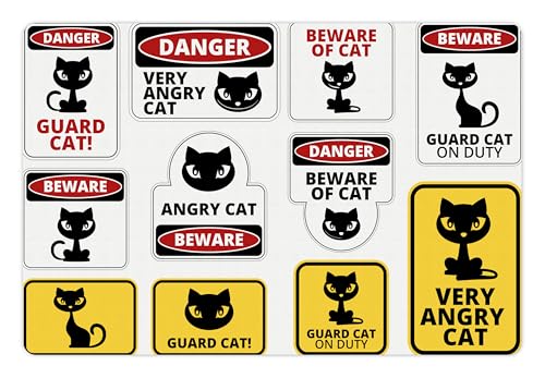 Lunarable Funny Pet Mat for Food and Water, Beware Guard Cat Signs Humorous Comic and Plates Warning Graphic, Non-Slip Rubber Mat for Dogs and Cats, 18" X 12", Yellow Red - color: Yellow Red