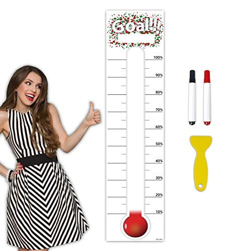 Goal Setting Fundrasing Thermometer - 48"x12" Dry Erase Self-Adhesive Goal Tracker - Poster Charts for Home, School and Office - color: White A