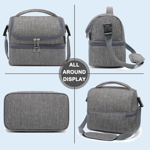 FlowFly Double Decker Cooler Insulated Lunch Bag Large Tote for Boys, Girls, Men, Women, With Adjustable Strap (Grey) - color: Gray