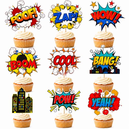 36 PCS Hero Cupcake Toppers | Hero Decorations Smash Crash Pow Picks for Hero Theme Birthday Party Cake Decor Supplies