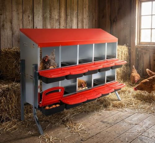 Chicken Nesting Box, 10 Compartments Roll Away Eggs Laying Boxes, Cleanable Pull Out Hen Roosting Boxes with Mental Leg, Durable & Easy to Install, Red - color: Red, size: 10 holes with legs