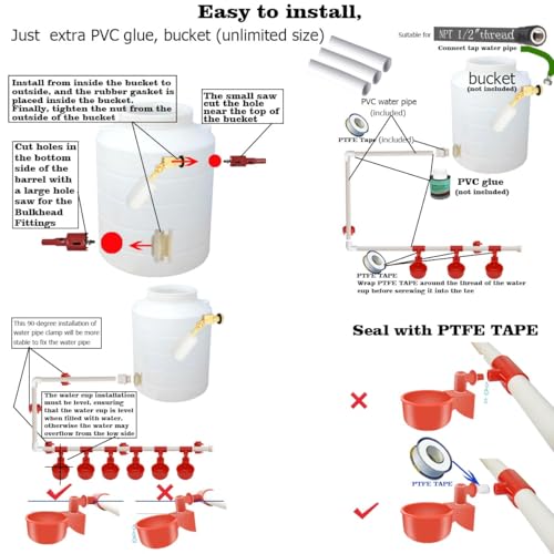 perfsign Complete Set Automatic Chicken Waterer Cups,with PVC Pipe,Chicken Water Cups,PVC Tee Fittings,Pressure Regulator for Poultry Feeding Water,Poultry Watering System,Poultry Waterer, White,red