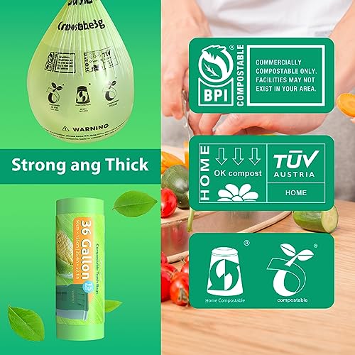 GreFusion Compostable 36 gallon Trash Bags, Extra Thick 1.28 Mills, Compost 36 Gal Trash Bags (Kitchen Tall Garbage Bags), Compostable Lawn & Leaf Yard Waste bags,ASTM D6400,Bpi Certified - color: 36G-15Count