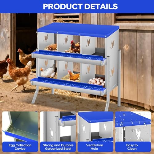6 Compartment Chicken Nesting Box, Heavy Duty Metal Laying Box with Perch, - color: Blue, size: 6 Compartments with legs