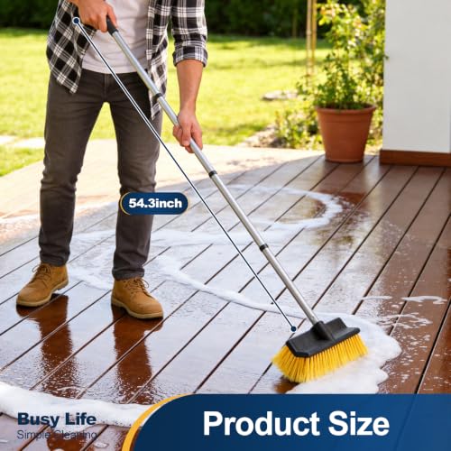 Yocada Deck Brush with 4-Section Extendable Handle Floor Scrub Brush | Soft &Medium Bristles Non-Slip Grip for Outdoor Deck Patio Bathroom Garage Concrete Cleaning 54.3 Inch