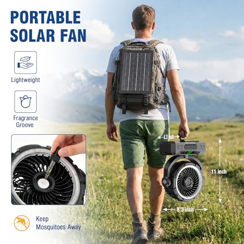 Rechargeable Solar Powered Camping Fan & Auto Oscillating, 【60H Runtime】Battery Powered Fan, Portable Outdoor Fan,5 Speeds,3 Lights,12H Timer for Travel, Fishing,Jobsite,Beach,Camping Essential - color: Black
