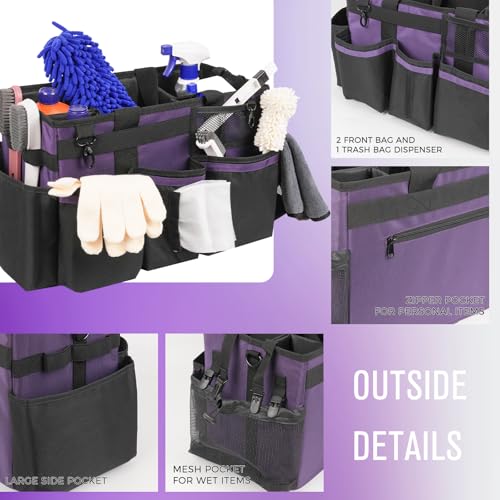 SCAVATA Wearable Cleaning Caddy, Cleaning Caddy Supplies Organizer with Handle & Shoulder Straps for Housekeepers, Under Sink & Car Cleaning Tool Organizers Bag with 4 Foldable Divider (Purple) - color: Purple