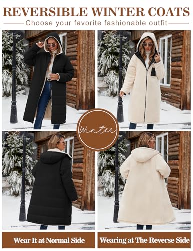 Yusongirl Women's Reversible Long Winter Puffer Coat with Hood and Fleece | Two wearable sides for winter commutes, school runs and city errands, with quilted warmth, soft fleece, a hood and pockets - color: Black, size: Small
