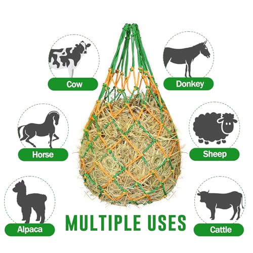 2Pcs Hay Bags for Horses, 40" Hay Nets for Horses with 2 Hooks & 2 Gloves, Durable Hanging Hay Feeder Net for Goat Horse, Strong Load-Bearing Slow Feed Hay Net for Horse Trailer