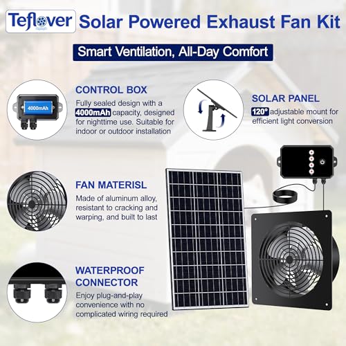 15W Solar Exhaust Fan with Remote Timer, for Chicken Coop, Greenhouse, Shed | Aluminum body, intake/exhaust reversible, programmable timer, for shed, pet house, ventilation, energy efficient