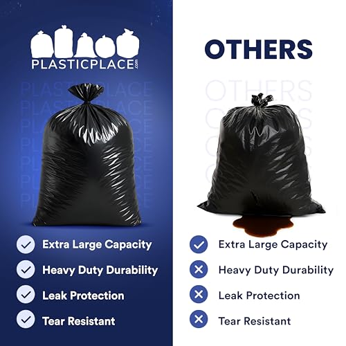 Plasticplace 95-96 Gallon Heavy Duty Black Trash Bags - Contractor Grade, Extra Large Garbage Bags for Construction & Outdoor Trash Cans, 1.2 Mil Thick, 61” x 68” (15 Count Roll) - size: 15 Count (Pack of 1)