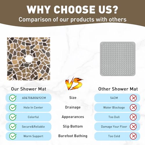 Square Shower Mat Non Slip: 24 x 24 Inch Extra Large Shower Mats with Drain Hole in Middle - PVC Loofah Anti Slip Shower Floor Matt for Inside Shower - color: Coffee Cobblestone, size: 24" x 24" (Square)