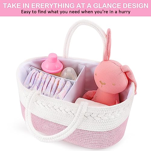 ABenkle Diaper Caddy Organizer, Rope Woven Storage Baske, Pink | Cotton Rope, Nursery Storage Basket for car & changing table | holds diapers, wipes & baby essentials | durable - color: Pink, size: Large