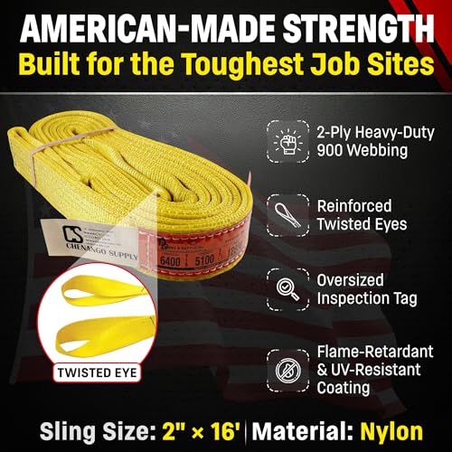 DD Sling (USA Made). 2" wide X (4' to 20' lengths) in Listing! 2 Ply Twisted Eye, Nylon Lifting Slings, Eye & Eye, Heavy Duty (900 webbing), 6,400 lbs Vertical, 5,100 Choker, 12,800 Basket Load Capacity (2inX16ft) | 6,400 lb Vertical, 5,100 lb Choker, 12,