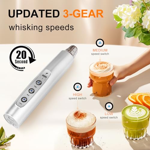 YUSWKO Handheld Milk Frother Wand for Coffee, Rechargeable Electric Whisk with 3 Heads 3 Speeds Drink Mixer Coffee Frother For Latte, Cappuccino, Hot Chocolate, Egg, Silver
