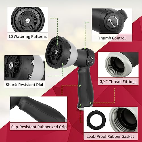 AUTOMAN Garden Hose Nozzle - 10 Adjustable Spray Patterns, Thumb Flow Control Hose Sprayer, Water Hose Spray Nozzle for Plants Watering, Car Washing, Window Cleaning, Pets Bathing, Outdoor Fun, Black - color: Black