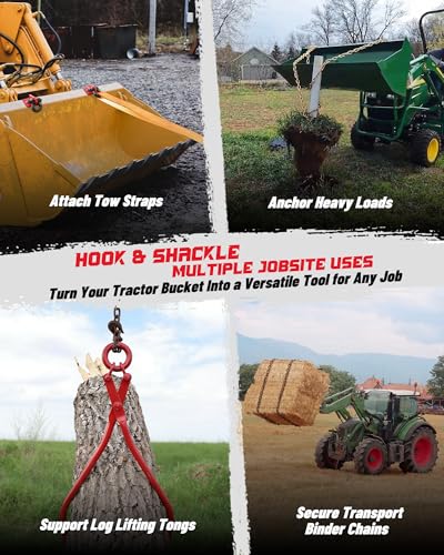Tractor Bucket Grab Hook with 5/8" D-Ring Shackle Combo, Bolt-On Tow Hook and D-Ring Shackle, Matching Backing Plate, Rubber Gaskets & Isolators, 20000LBS Breaking Strength, 2 Set, Red&Black - color: Red&Black