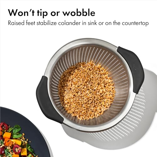 OXO Good Grips Strainer - 5 Qt Capacity, Stainless Steel | Colander, Nesting Design For Easy Storage, Non-Slip Handles, Drains Pasta And Vegetables, Dishwasher Safe - size: 5 Qt